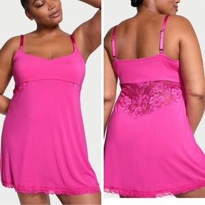 Victoria's Secret Fuchsia Chemise slip nightgown XL pink lace modal sweetheart
